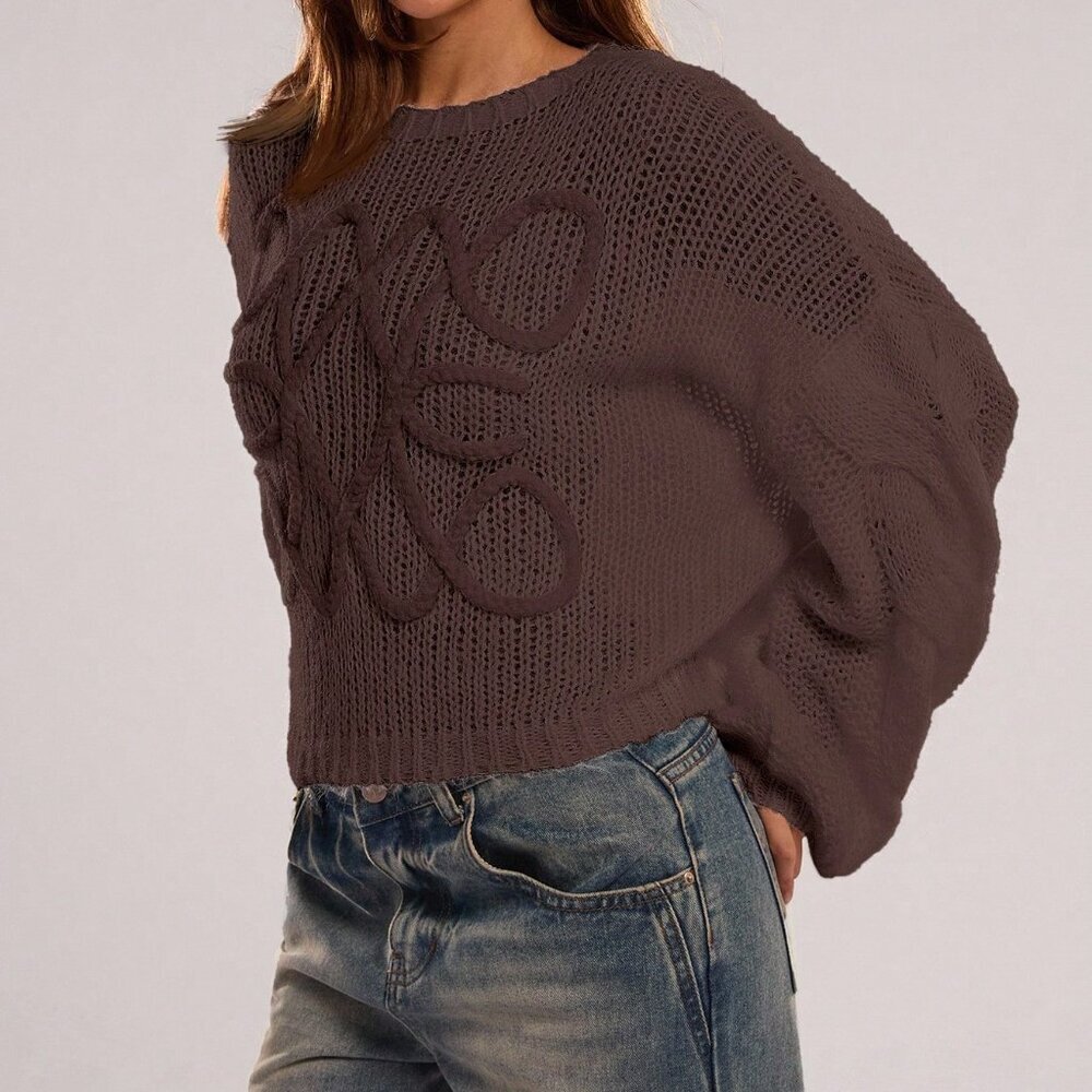 Coffee Brown Casual Women's Loose Lantern Sleeve Sweater - Picture 5 of 7